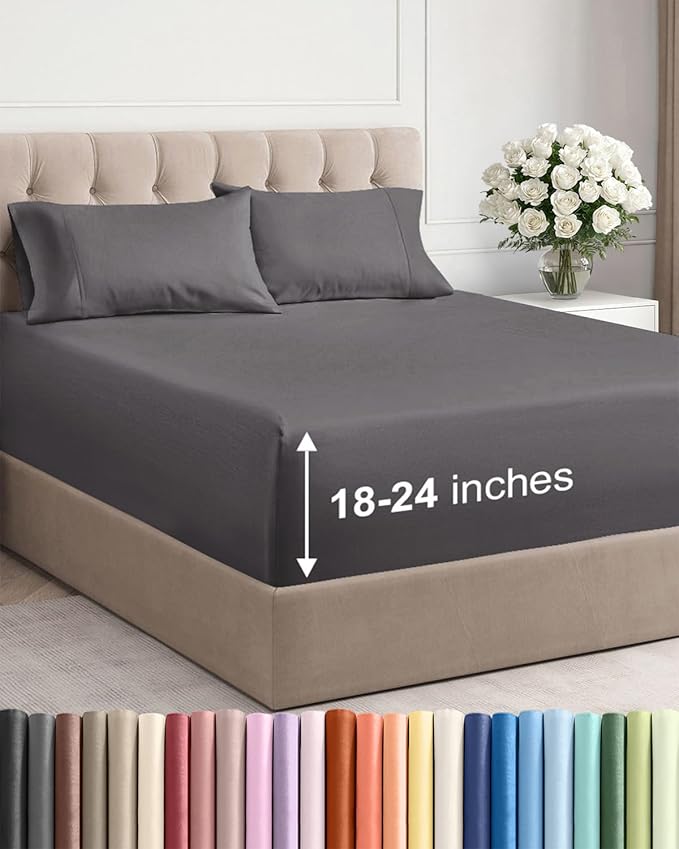 Extra Deep Full Sheet Set - 4 Piece Breathable & Cooling Sheets - Dark Grey | Easily Fits 18 to 24 inch Mattress - Ultra Soft, Wrinkle & Fade Free with Extra Deep Pockets - Comfy Hotel Luxury Bedding