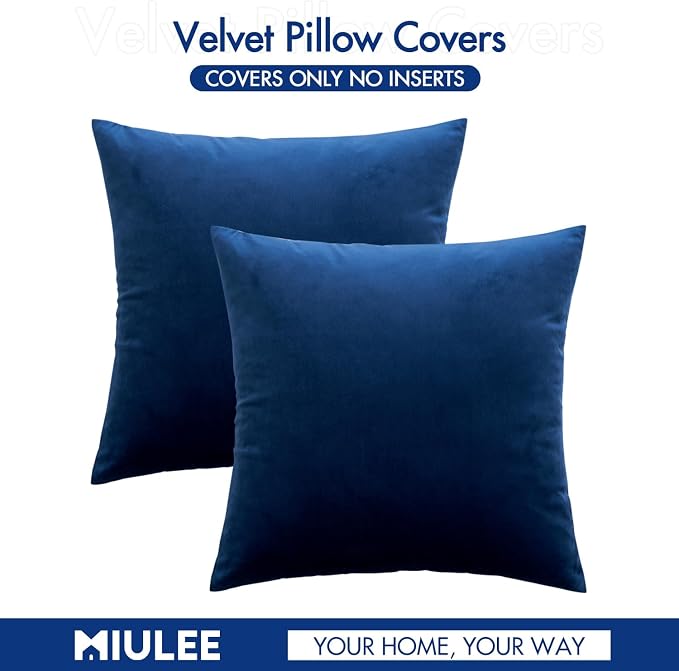 MIULEE Velvet Throw Pillow Covers 16x16 Inch Pack of 2 Dark Blue | Soft Solid Small Decorative Pillow Covers, Modern Luxury Home Decor, for Couch Chair Sofa Bedroom Livingroom Car