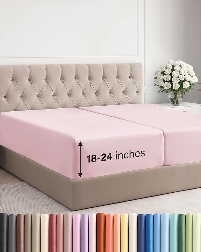 Extra Deep Split King Fitted Sheet - Single Fitted Sheet - Lavender Pink | Easily Fits 18 inch to 24 inch Mattress, Soft, Wrinkle Free, Breathable & Comfy, Extra Deep Pockets Hotel Luxury Fitted Sheet