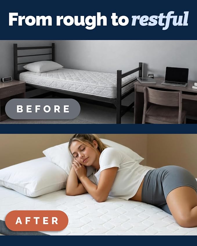 Memory Foam Mattress Topper & Cooling Cover - Dorm Room Essentials - 3 Inch | Plush, Thick & Comfy, Pain & Pressure Relief, Twin XL Size Mattress Pad w/ Straps & Removable Washable Cover, Oeko-Tex