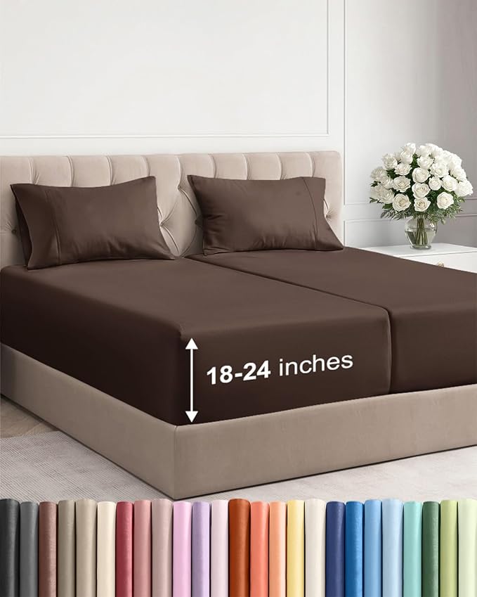Extra Deep Split King Sheet Set - 5 Piece Breathable Cooling Sheets - Brown | Easily Fits 18 to 24 inch Mattress - Ultra Soft, Wrinkle & Fade Free with Extra Deep Pockets - Comfy Hotel Luxury Bedding