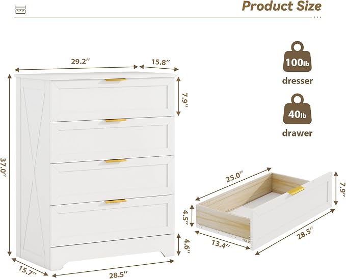FTZxHKLX White 4 Drawer Dresser for Bedroom, Modern Chest of Drawers | Tall Bedroom Dresser with Large Drawer, Wooden Storage Dresser, Chest of Drawer for Closet, Living Room, Hallway, Nursery