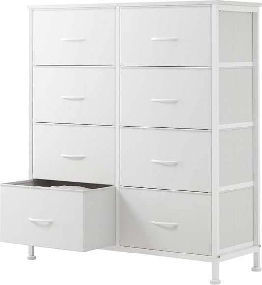 Sweetcrispy 8 Drawer Fabric White Dresser for Bedroom, Tall Double Dresser | Chest of Drawers with Sturdy Steel Frame and Wooden Top, Closet Living Room Storage Organizer with Easy Pull Handles