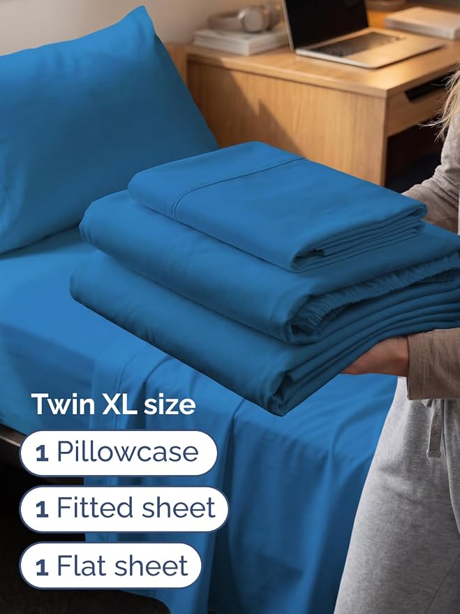 Extra Deep Twin XL Sheet Set - 3 Piece College Dorm Room - Denim Blue | Soft, Breathable & Cooling, Easily Fits 18 to 24 inch Mattress, Wrinkle Free & Fade Resistant with Extra Deep Pockets
