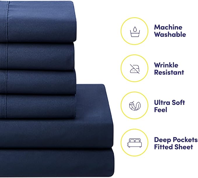 Sweet Home Collection 7 Piece Comforter Set Bag Solid Color All Season Soft Down Alternative Blanket & Luxurious Microfiber Bed Sheets, Navy, Queen