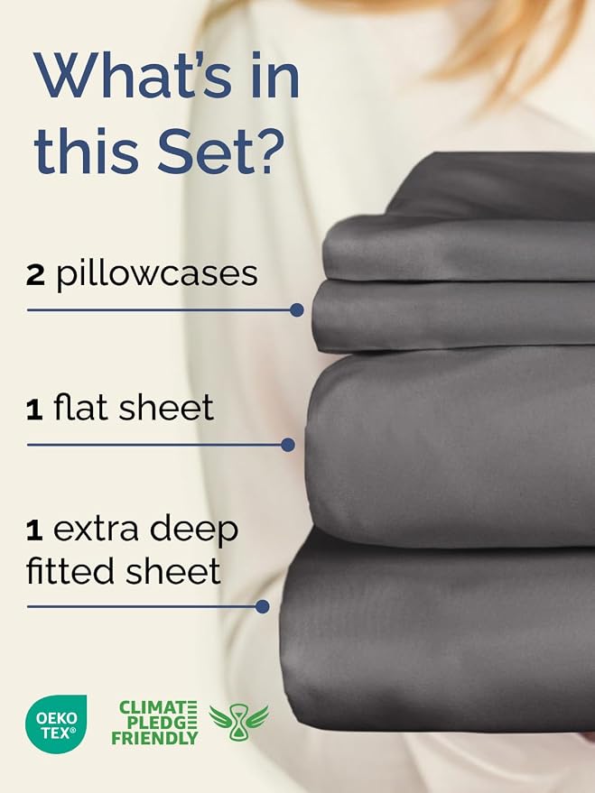 Extra Deep Twin Sheet Set - 4 Piece Breathable and Cooling Sheets - Grey | Hotel Luxury Bed Sheets Set, Easy & Secure Fit, Ultra-Soft, Wrinkle & Fade Free, Comfy Sheets Set with Extra Deep Pockets