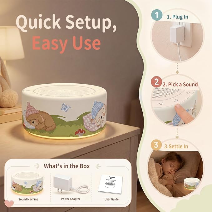 Kipcush White Noise Machine for Baby & Adults, Sleep Sound Machine with 30 Soothing Sounds, 8-Color Night Light, Memory Function, White Noise for Sleeping, Nursery, Office, Travel, Relaxation