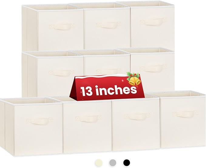 Large Storage Cubes, 13 Inch Cube Storage Bins for Shelves Closet Nursery Bedroom - 10 Pack Collapsible Storage Baskets with Handles - Fabric Bins for Organizing Magazines Clothes Toys (Beige)