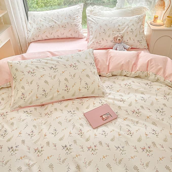 Nayoroom Floral Duvet Cover Set Full Pink White Botanical Flower Bedding | Reversible, Coquette Cottagecore Bedding, Soft Breathable Washed Microfiber, All-Season, Hidden Zipper, 4 Corner Ties