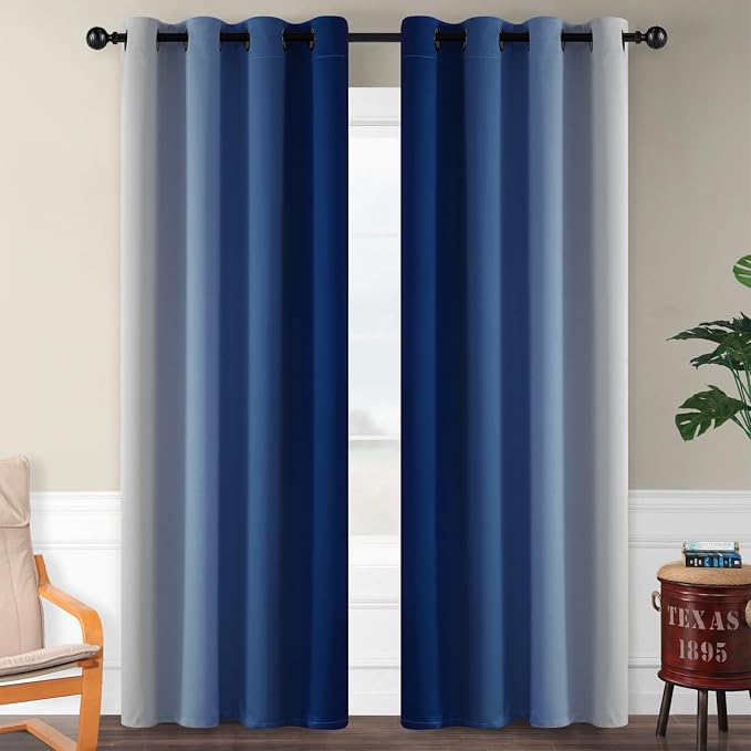 SimpleHome Ombre Royal Blue to Grey White Curtains for Living Room 52Wx84L | Room Darkening Curtains for Bedroom,Gradient Light Blocking Curtain,Thermal Insulated Grommet Window Drapes,2 Panels,84 Inch
