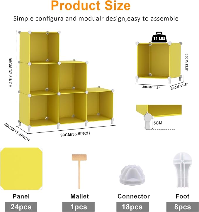 AWTATOS Cube Storage Organizer, 6 Cube Closet Storage Shelves, Yellow | Stackable Storage Cubes Shelf Bookshelf, DIY Portable Closet Organizer, Plastic Clothes Shelving for Bedroom, Home