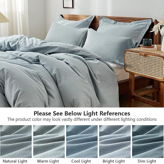 Simple&Opulence 100% Washed Linen Duvet Cover Set 5pcs(1 Duvet Cover& 2 Shams& 2 Pillowcases) Basic Style Natural French Flax Soft Breathable Farmhouse Bedding (King, Dusty Blue)