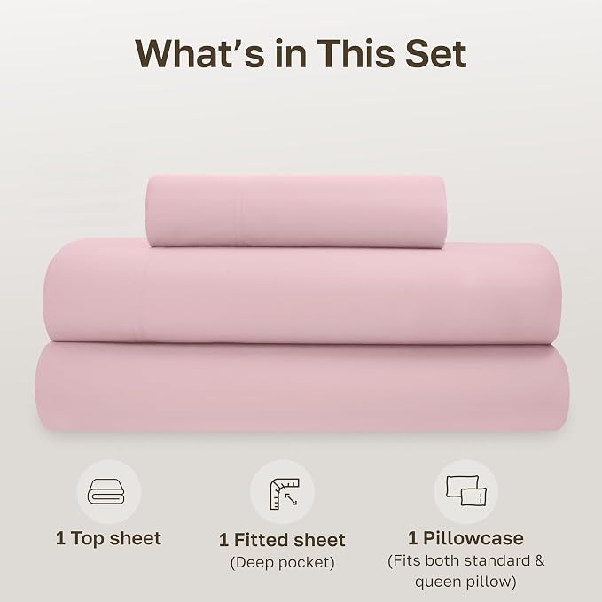 California Design Den 100% Organic Cotton Twin XL Sheets, 3 Pcs Set | GOTS Certified, Lightweight Crisp & Airy Percale For Hot Sleepers, All-around Elastic, Easy Care - Pink - Chalky Tone