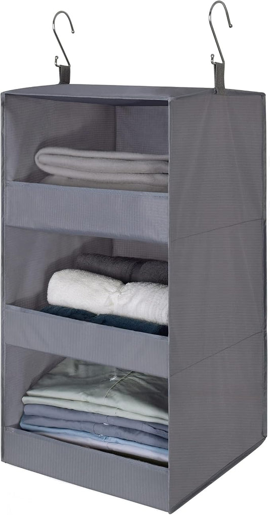 GRANNY SAYS 3-Shelf Hanging Closet Organizer, Foldable Storage, Gray | 33 lb Capacity, No-Sag Support, Keeps Clothes Neat, Folds Flat, Fits RV, Dorm & Small Closets