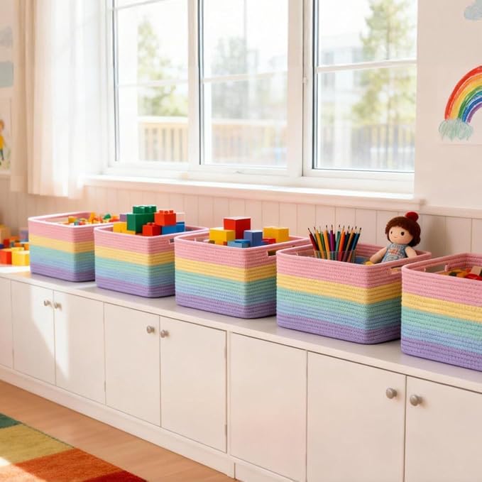 5 Pack Woven Storage Baskets, Decorative Storage Bins for Organizing | 13.8'' × 9.8'' × 7.9'', Cute Cotton Rope Basket Organizer for Closet, Shelves, bathroom, Nursery, Toys, Books, Rainbow