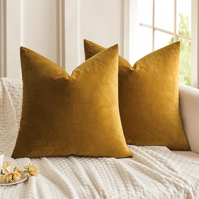 MIULEE 24x24 Inch Pack of 2 Euro Velvet Throw Pillow Covers Mustard Yellow | Soft Solid Decorative Euro Sham, Modern Luxury Home Decor, for King Bed Sofa Couch Bedroom Livingroom