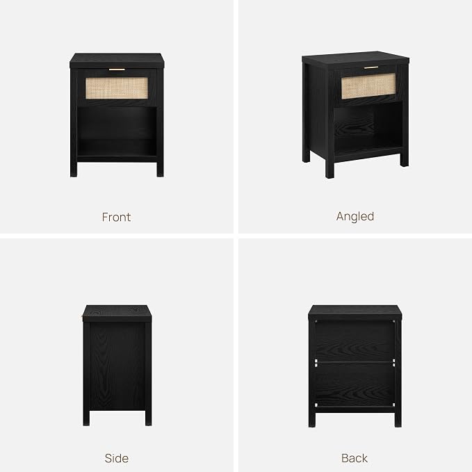 SICOTAS Black Rattan Nightstands Set of 2 with Drawer | Farmhouse Bedside Table with Storage, 19.7" Modern Bed Side Table for Bedroom, Small Space, Black Oak