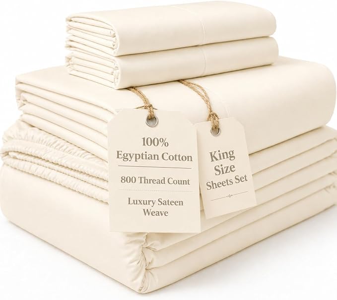 Egyptian Cotton King Size Sheets Set, Sateen Weave King Sheets Set - Ivory | 15" Deep Pocket Sheet & Pillowcases, 800 Thread Count, 4-Piece, Silky Soft & Naturally Cooling, OEKO-TEX Certified Bedding