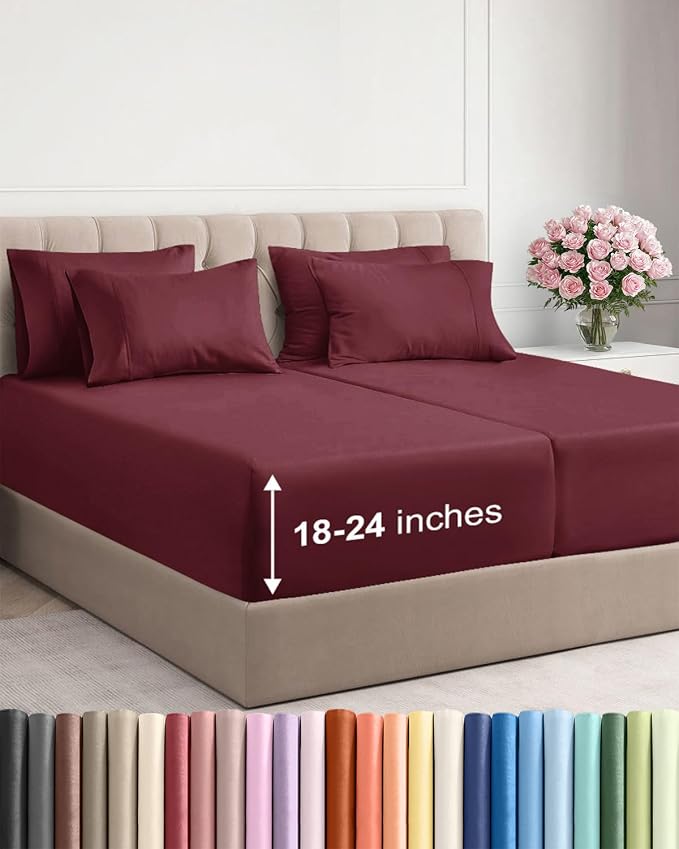 Extra Deep Split King Sheet Set - 7 Piece Breathable & Cooling - Burgundy | Hotel Luxury Bed Sheets Set, Easy & Secure Fit, Ultra-Soft, Wrinkle & Fade Free, Comfy Sheets Set with Extra Deep Pockets