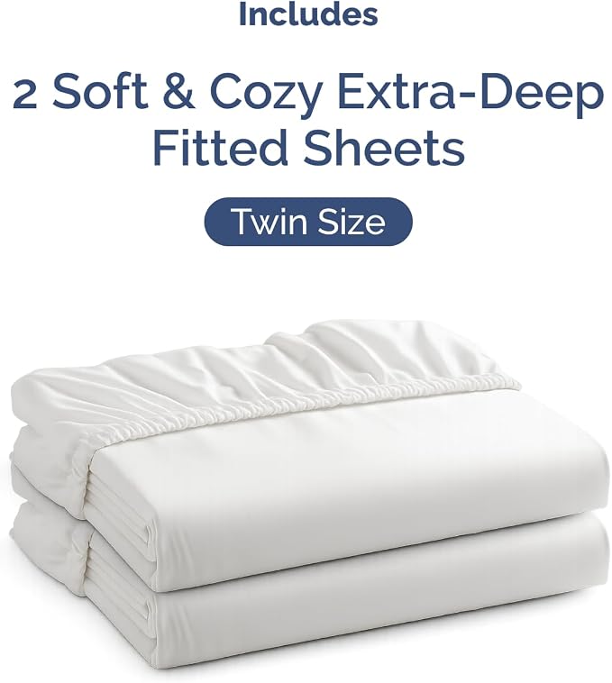 2 Pack Extra Deep Twin Fitted Sheets with Extra Deep Pockets - White | Hotel Luxury Bottom Fitted Sheets Only, Soft, Fade & Wrinkle Free, Breathable & Comfy, All Around Elastic Fitted Sheets