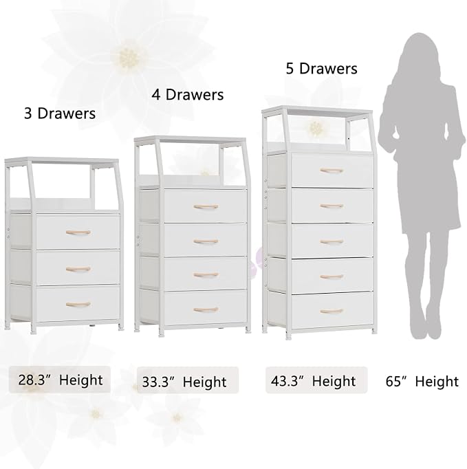 Furnulem Tall Nightstand with 4 Fabric Drawers, Small Dresser for Bedroom | White Dorm Bedside Table , Dresser for Closet, Storage Drawer for Living Room, Entryway, Furniture, Metal Frame, Wood Top
