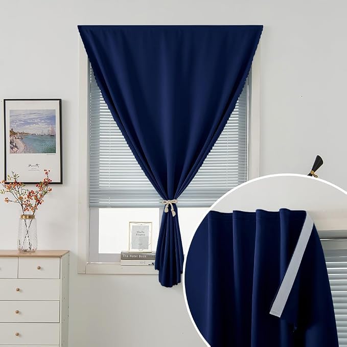 Instant Blackout Window Curtain with Reusable Adhesive, Thermal Insulated Fabric for RV Camper Small Windows, 71" W x 72" L, Navy Blue, 2 Panels