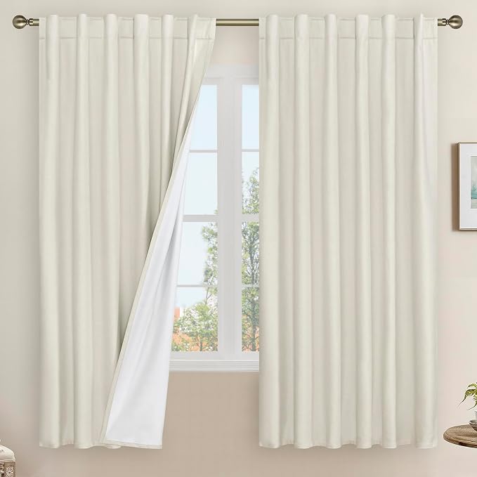 100% Blackout Natural Polyester Curtains, 68 Inches Linen Textured Thermal Bedroom Curtains Back Tab and Rod Pocket Neutral Panels with White Liner for Farmhouse, 2 Panels, 52 x 68 Inch, Ivory | Thermal Insulated, Bedroom Curtains, Room Darkening Panel...