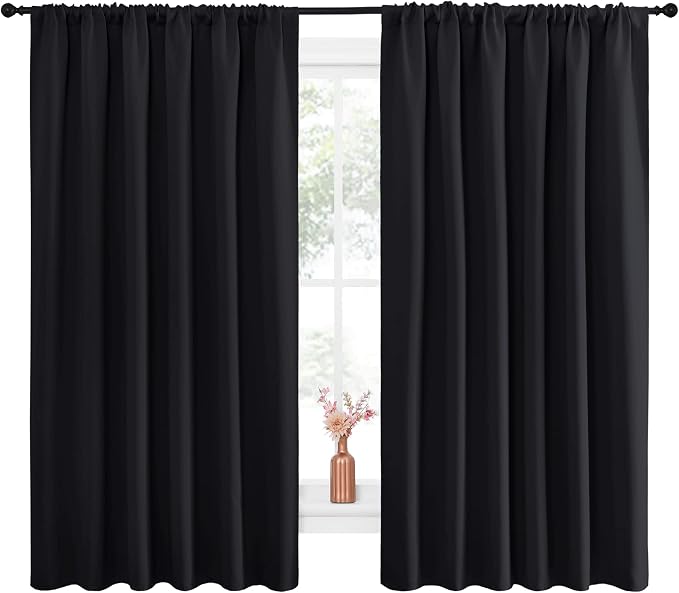 NICETOWN Black Blackout Curtains for Bedroom 70" Wide x 63" Long 2 Panels | Blackout Curtain Blinds Solid Thermal Insulated Window Treatment Blackout Drapes for Window, Room Darkening Home Decor