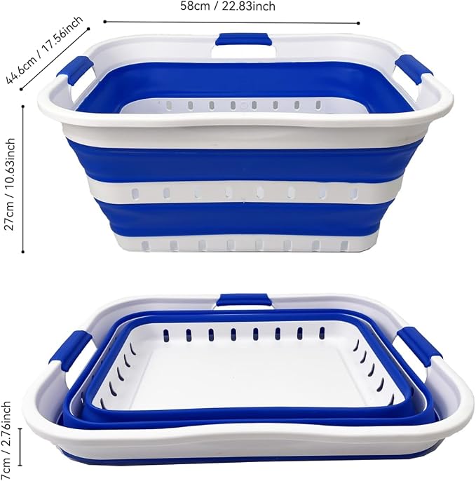 SAMMART 42L (11 gallon) Collapsible Plastic Laundry Basket - Foldable Pop Up Storage Container/Organizer - Space Saving Hamper/Basket (1, White/Dark Blue)