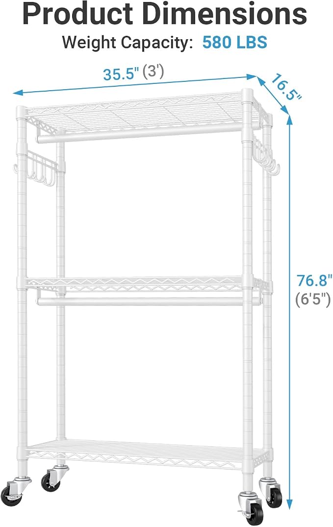 VIPEK R2 Clothing Rack for Hanging Clothes Rolling Clothes Rack Heavy Duty | Lockable Silent Wheels, Double Hanging Rods, Adjustable Wire Shelving/Side Hooks, 580lbs Space-Saving for Apartments, White