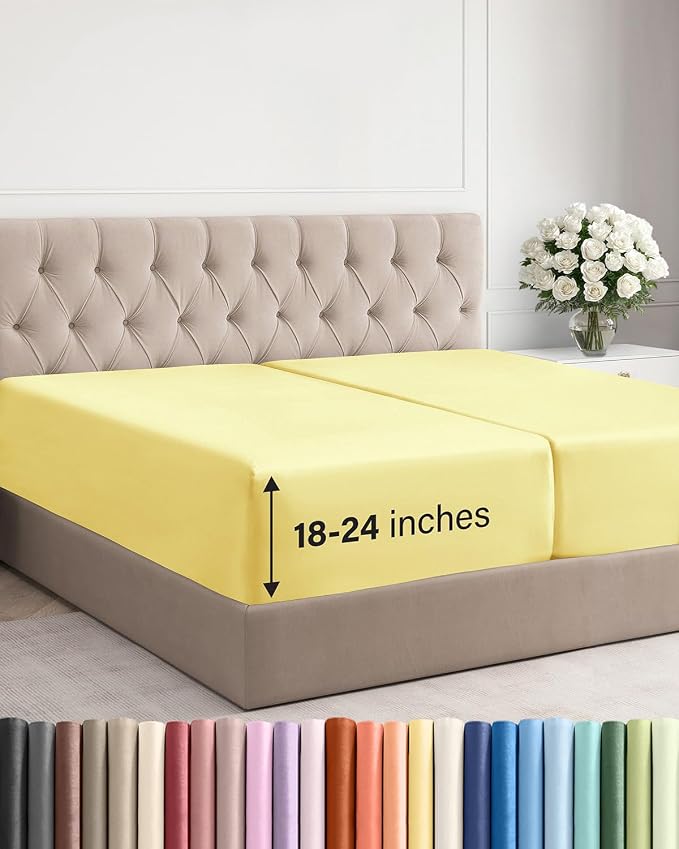 Extra Deep Split King Fitted Sheet - Single Fitted Sheet Only - Yellow | Easily Fits 18 inch to 24 inch Mattress, Soft, Wrinkle Free, Breathable & Comfy, Extra Deep Pockets Hotel Luxury Fitted Sheet