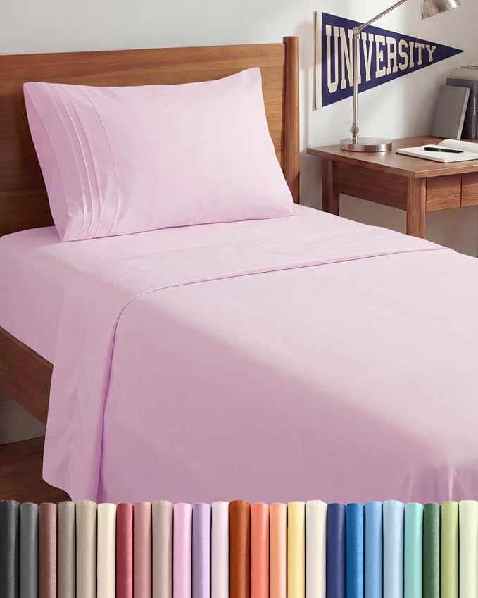 Twin XL 3 Piece Sheet Set - College Dorm Room Essentials - Light Pink | Deep Pocket Bed Sheets for Women, Men, Teens & Students, Soft, Cooling, Breathable & Wrinkle Free, Oeko-Tex Bed Sheet Set