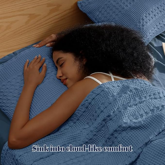 PHF 100% Cotton Waffle Pillow Shams Queen Size, 2 Pack 20" x 30" Soft Skin-Friendly Pillowcases, No Filling, Aesthetic Woven and Breathable Waffle Weave Pillow Case Covers for Bed, Denim Blue