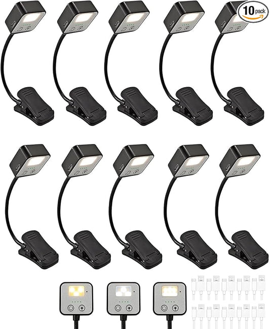 10 Pack Rechargeable Book Lights for Reading at Night in Bed, LED Book Light with Memory Function Lightweight Booklight Bulk Clip on Small Portable Travel Reading Lamps for Book Lovers USB Charging