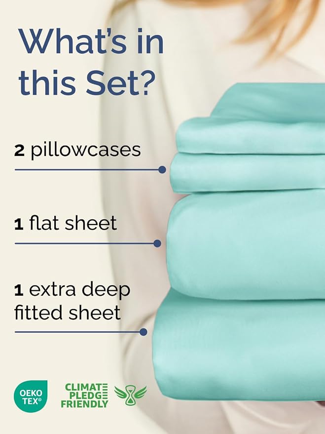 Extra Deep Queen Sheet Set - 4 Piece Breathable & Cooling Sheets - Spa Blue | Easily Fits 18 to 24 inch Mattress - Ultra Soft, Wrinkle & Fade Free with Extra Deep Pockets - Comfy Hotel Luxury Bedding