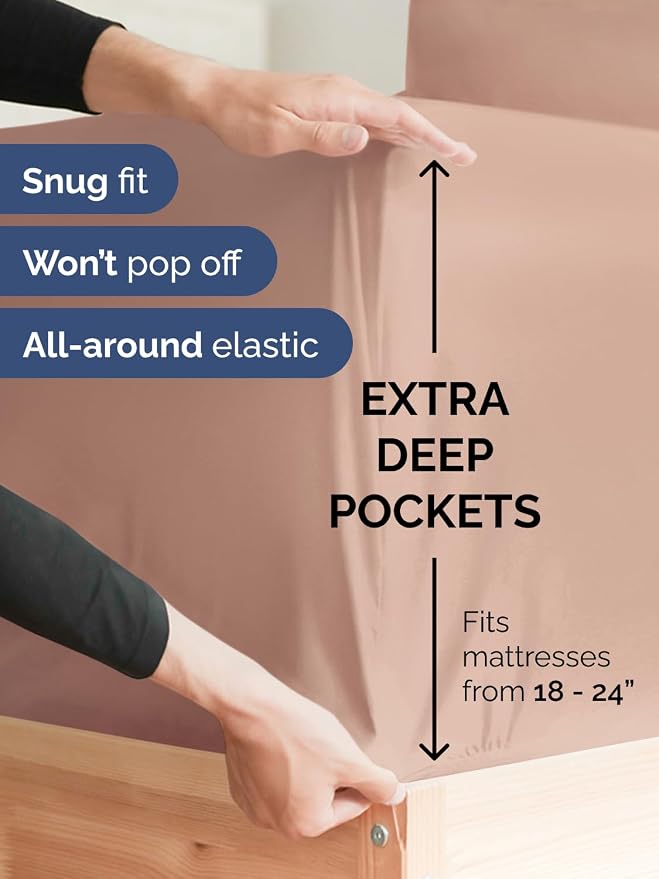 Extra Deep Cal King Sheet Set - 4 Piece Breathable & Cooling Sheets - Mauve | Easily Fits 18 to 24 inch Mattress, Ultra Soft, Wrinkle & Fade Free with Extra Deep Pockets, Comfy Hotel Luxury Bedding