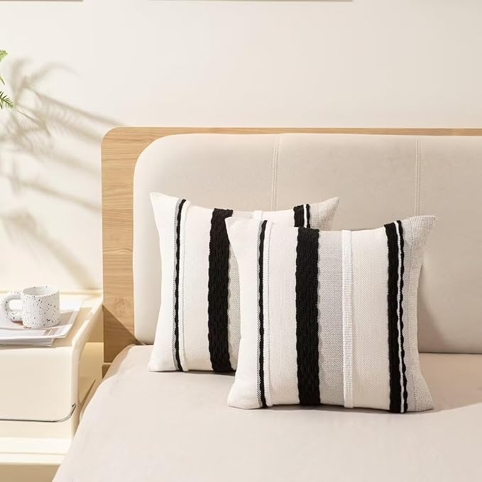 Boho Throw Pillow Covers Decorative Neutral Farmhouse Pillow case | 18x18 Set of 2 Cushion Case Striped Square Pillows Cover Couch Pillow Cases Accent Pillowcase for Sofa Bed,Black and White