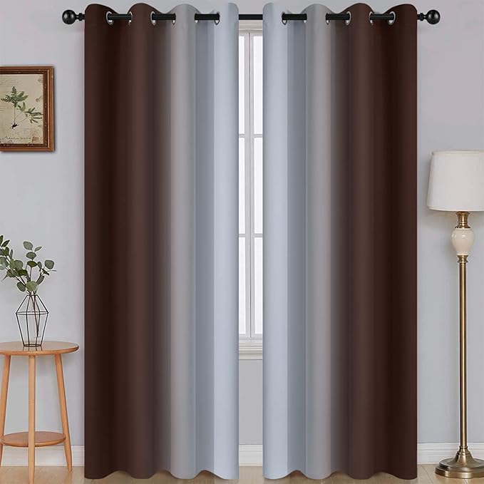 SimpleHome Ombre Brown to Grey White Curtains for Living Room 52Wx84L | Room Darkening Curtains for Bedroom,Gradient Light Blocking Curtain,Thermal Insulated Grommet Window Drapes,2 Panels,84 Inch