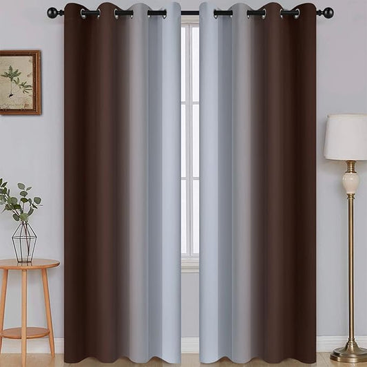 SimpleHome Ombre Brown to Grey White Curtains for Living Room 52Wx84L | Room Darkening Curtains for Bedroom,Gradient Light Blocking Curtain,Thermal Insulated Grommet Window Drapes,2 Panels,84 Inch