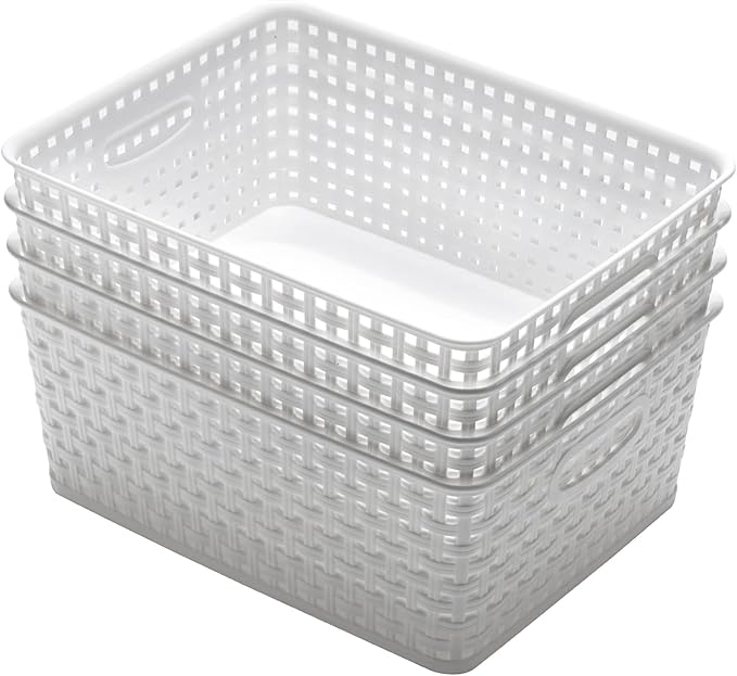 Eslite Plastic Storage Baskets for Organizing,11"X8.5"X4.7",Pack of 4 (White)