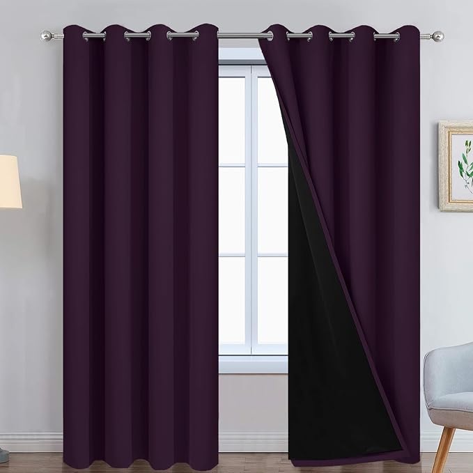 Yakamok Dark Purple 100% Blackout Curtains 84 Inches Long 52" Wide 2 Panels | Blackout Curtain Panels for Bedroom, 2 Thick Layers Grommet Top Thermal Insulated Drapes with Black Liner for Living Room