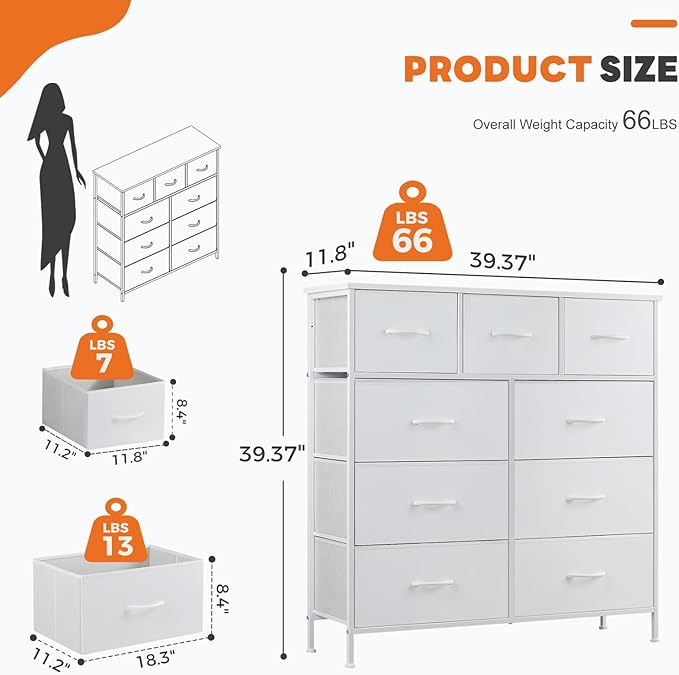 Sweetcrispy 9 Drawer Fabric Dresser Storage Tower Drawer Organizer, White | Sturdy Steel Frame with Wood-top, Easy-pull Handle, Space-Saving Organizer Chest for Bedroom, Closet, Lightweight and Stable