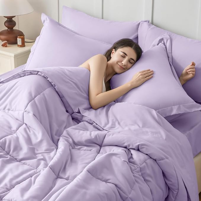 JOLLYVOGUE Twin Comforter Set, Ultra-Soft Bed in a Bag Twin Size 5 Pieces, Oeko-TEX Certified Bedding Set with Down Alternative Comforter, Sheets, Pillowcases & Shams, Lavender