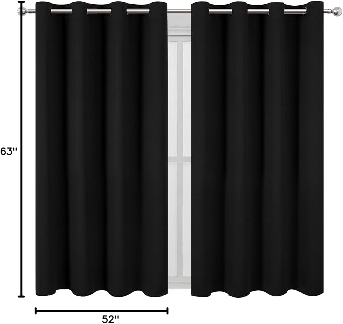 Black Blackout Curtains 52 x 63 Inch Length/Set of 2 Curtain Panels/Thermal Insulated Room Darkening Curtains for Bedroom and Living Room