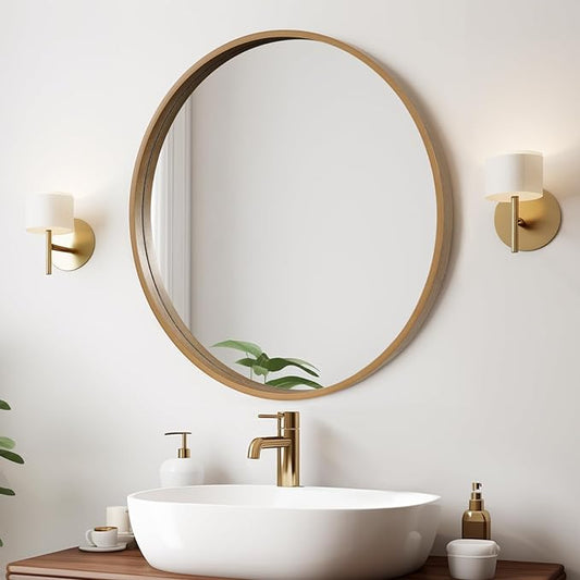 Round Wood Mirror 24" Circle Wall Mirror for Bathroom Round Wall Mirror for Wall Decor, Vanity, Entryway Living Room, Honey