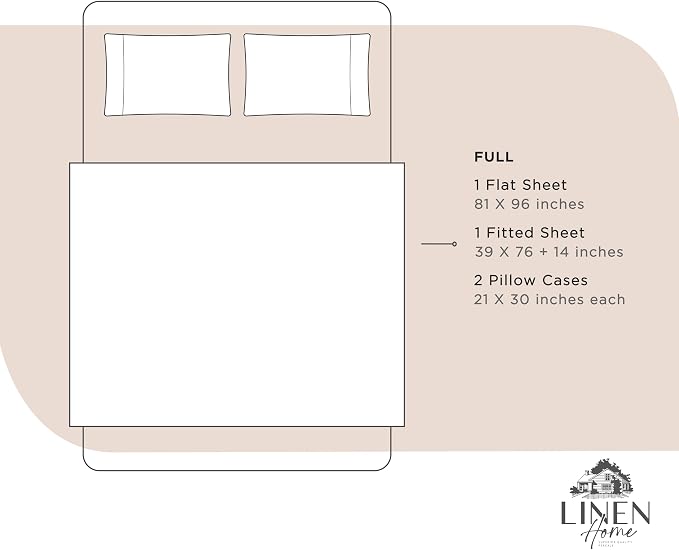 Linen Home 100% Cotton Percale Sheets Full Size, Sand Shell, Deep Pocket, 4 Pieces Set - 1 Flat, 1 Deep Pocket Fitted Sheet and 2 Pillowcases, Crisp Cool and Strong Bed Linen