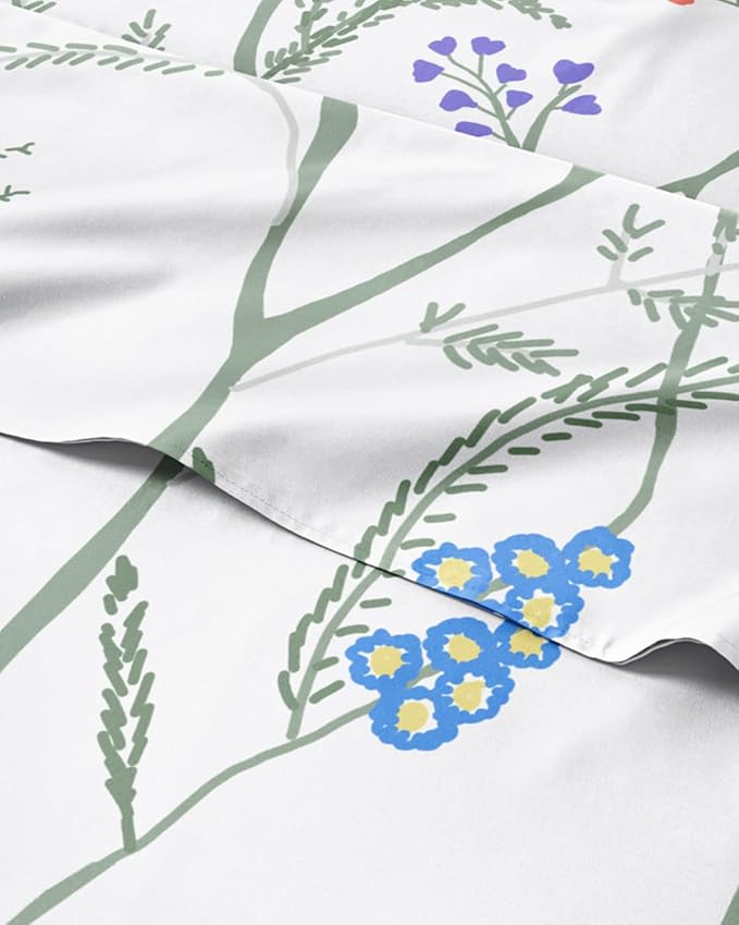 Cal King 4 Piece Floral Sheet Set - Breathable & Cooling - Wild Flower | 1 Flat, 1 Fitted & 2 Pillowcases w/ Deep Pockets, Boho Botanical Floral Bedding, Breathable & Cooling, Wrinkle & Fade Free