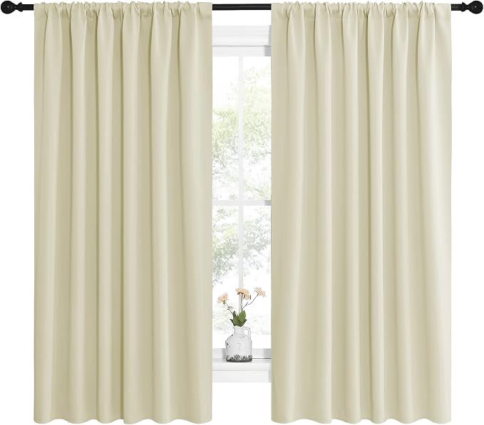 NICETOWN Blackout Curtains for Bedroom, Home Decorations Thermal Insulated Solid Rod Pocket Blackout Drapes for Cafe (Beige, One Pair, 62 x 63-inch)