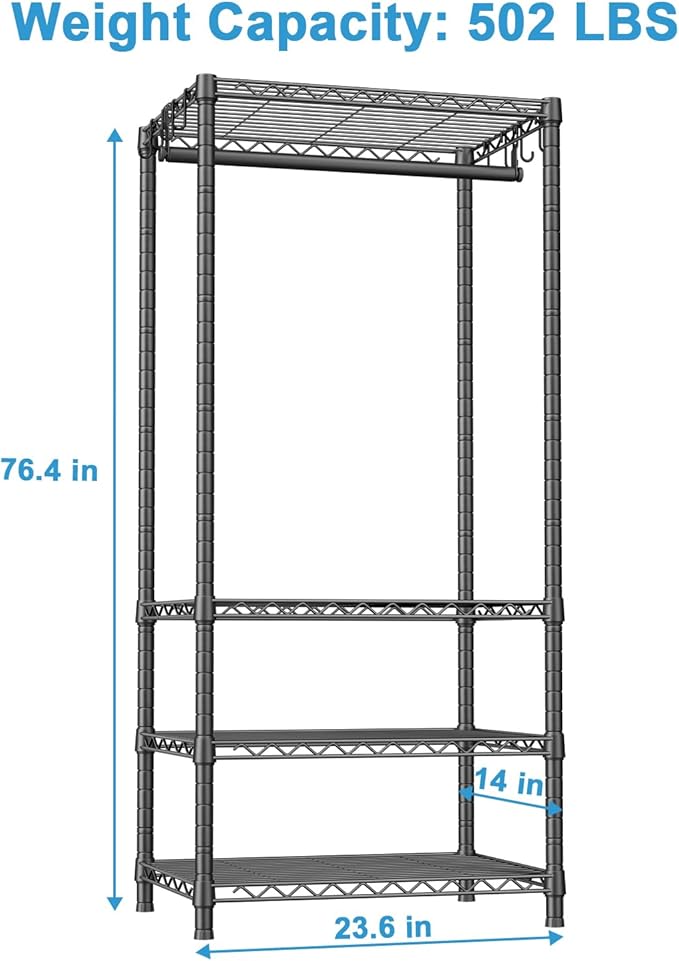 Ulif H4 Mini Portable Closet, 4 Tiers Freestanding Clothing Garment Rack for Small Space, Metal Clothes Wardrobe System for Bedroom, 23.6" W x 14" D x 76.4" H, Load 502 lbs, Black | Metal Clothes Wardrobe System for Apartment, Small Space and Bedroom, ...