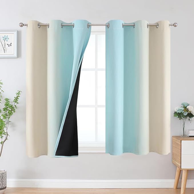 Aqua and Beige Ombre Blackout Curtains for Bedroom 45 Inch | Thermal Insulated Curtains for Living Room, Full Room Darkening, Energy Saving, Grommet Gradient Drapes, 45Wx45L, 2 Panels